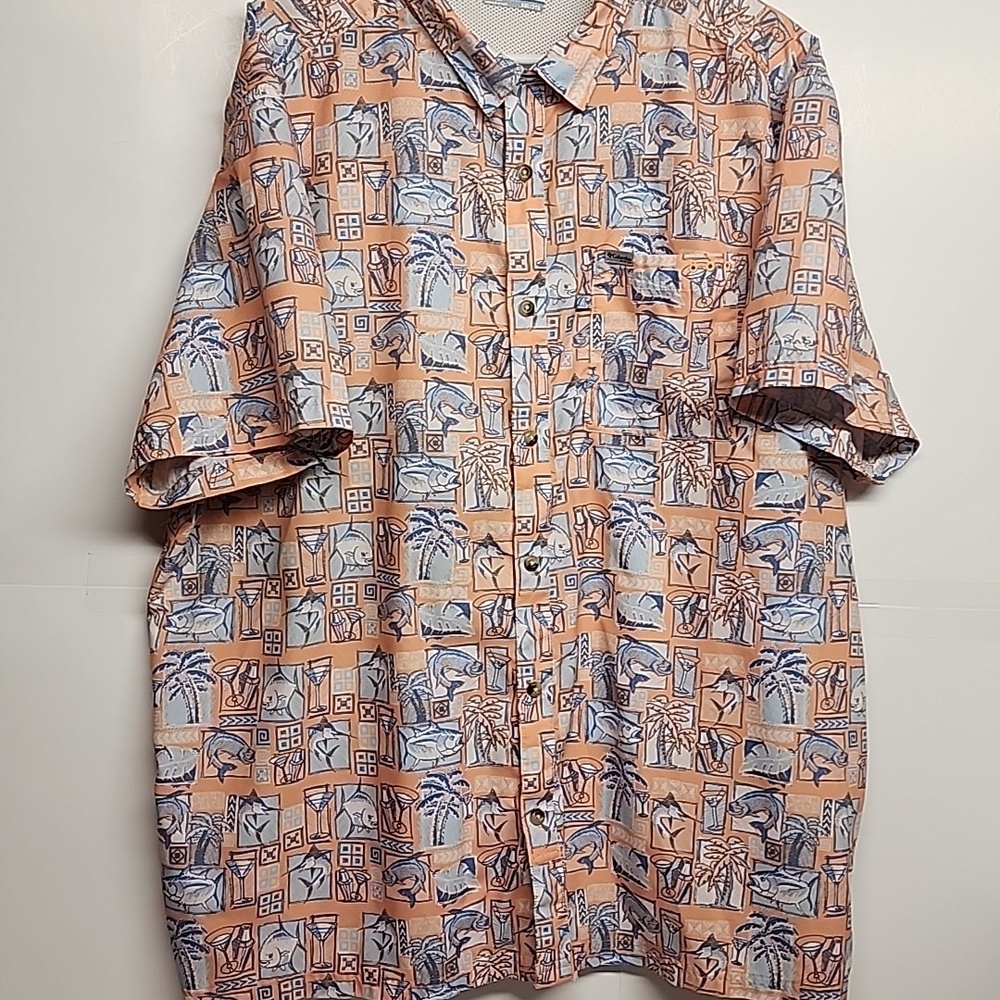 COLUMBIA Men's Patterned Short Sleeve PFG FISHING GEAR Shirt  Orange & Blue XXL